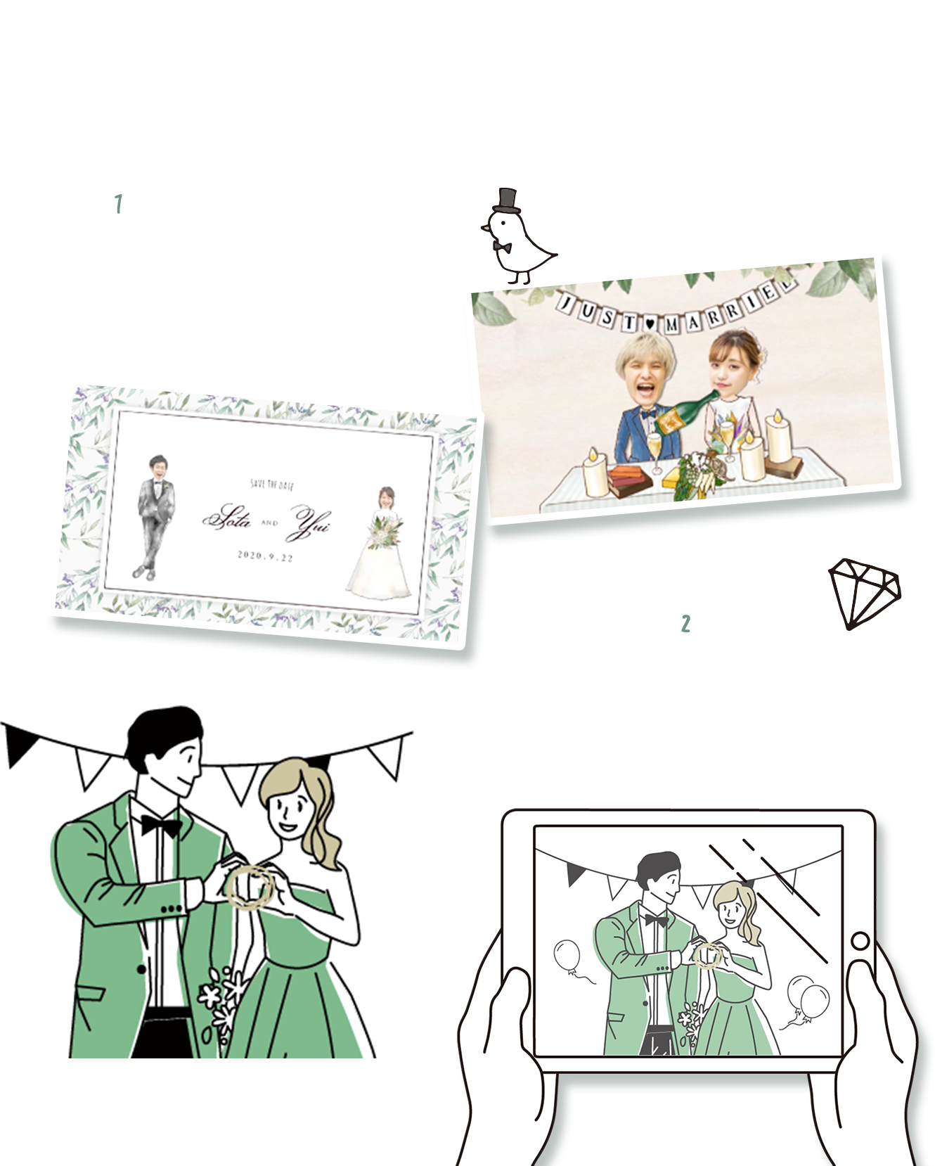 point1,おふたりはもちろんゲストにも、「延期した期間が結婚式を楽しみに待つ時間になった!」と感じてもらえますpoint2,STORY性のあるオンライン結婚式はおふたりはもちろん見ているゲストも楽しめる！