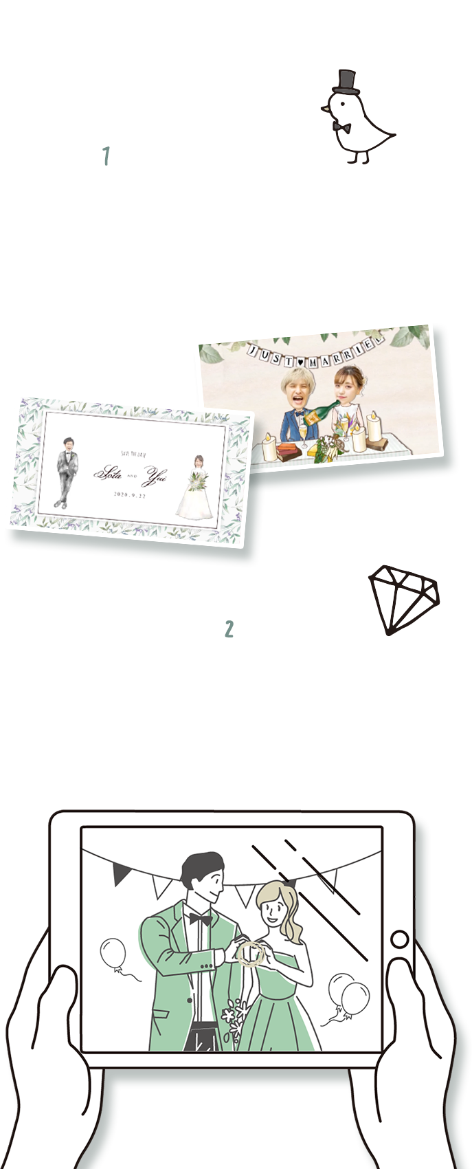 point1,おふたりはもちろんゲストにも、「延期した期間が結婚式を楽しみに待つ時間になった!」と感じてもらえますpoint2,STORY性のあるオンライン結婚式はおふたりはもちろん見ているゲストも楽しめる!